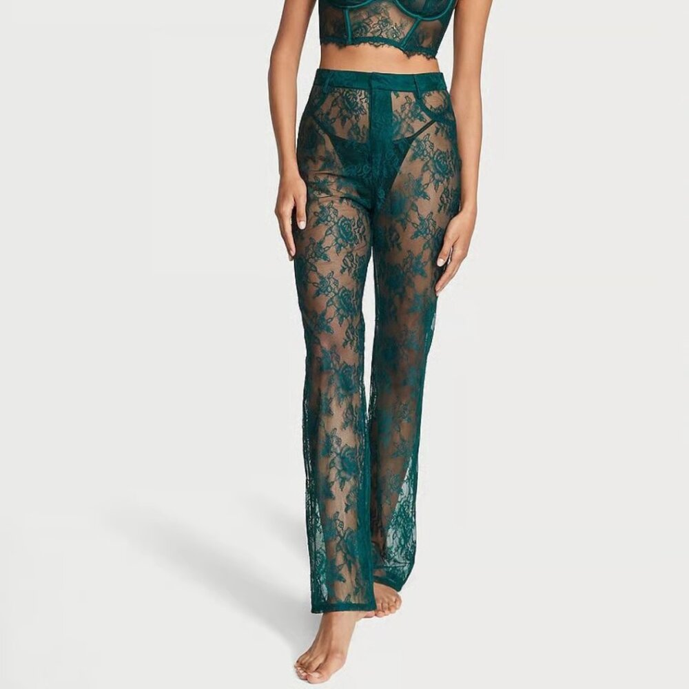 💙💖‎ NWT Victoria's Secret Archives Rose Lace High Waist Pants in Deepest Green